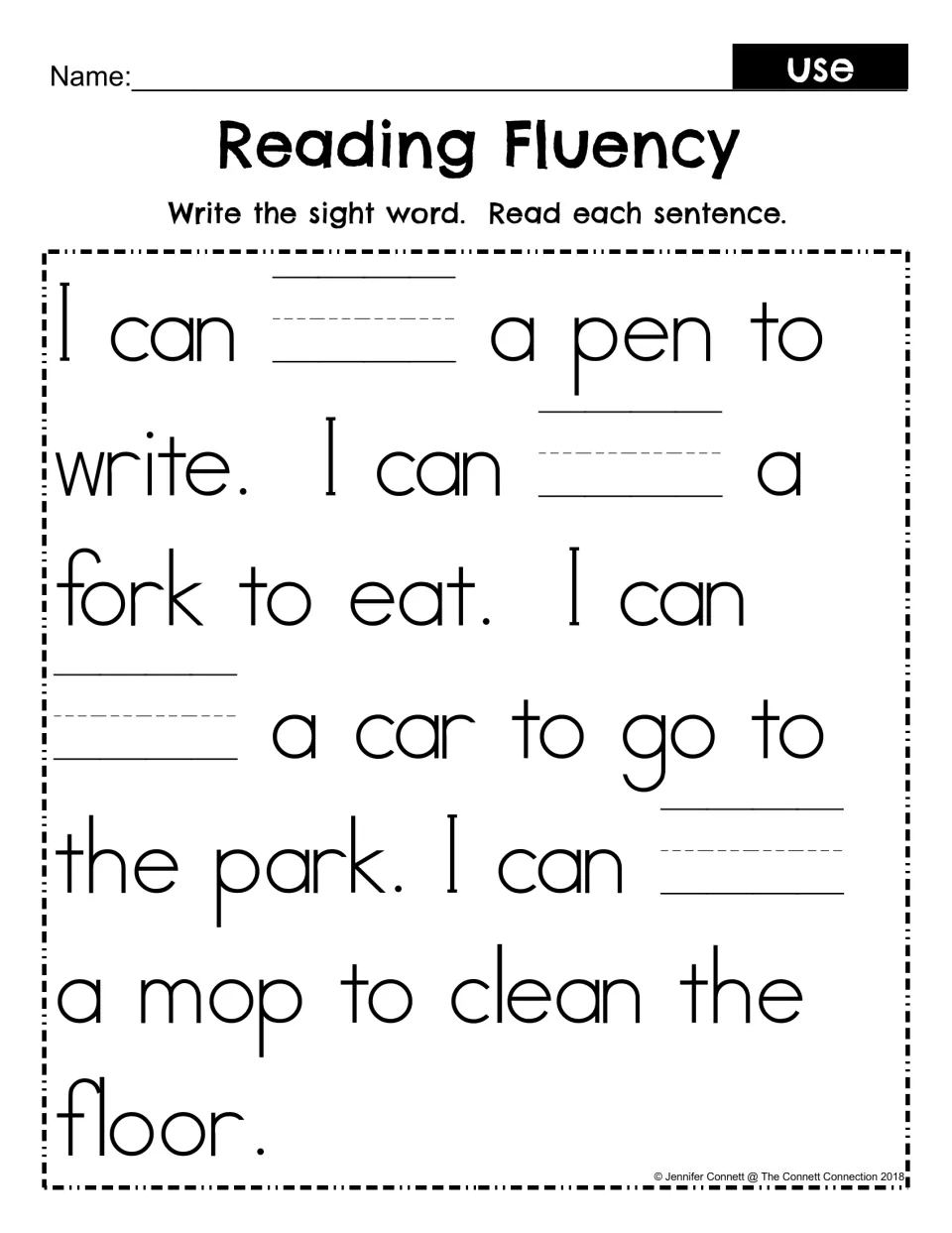 Sight word use fill-in: students write use in each blank of the pen, fork, car and mop sentences, then read the passage