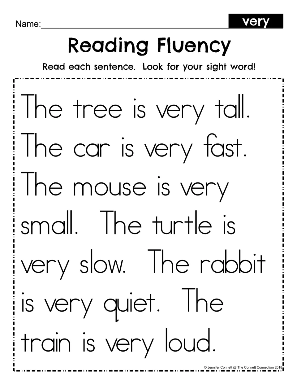 Reading Fluency for sight word very: students read six sentences such as The tree is very tall and find the word