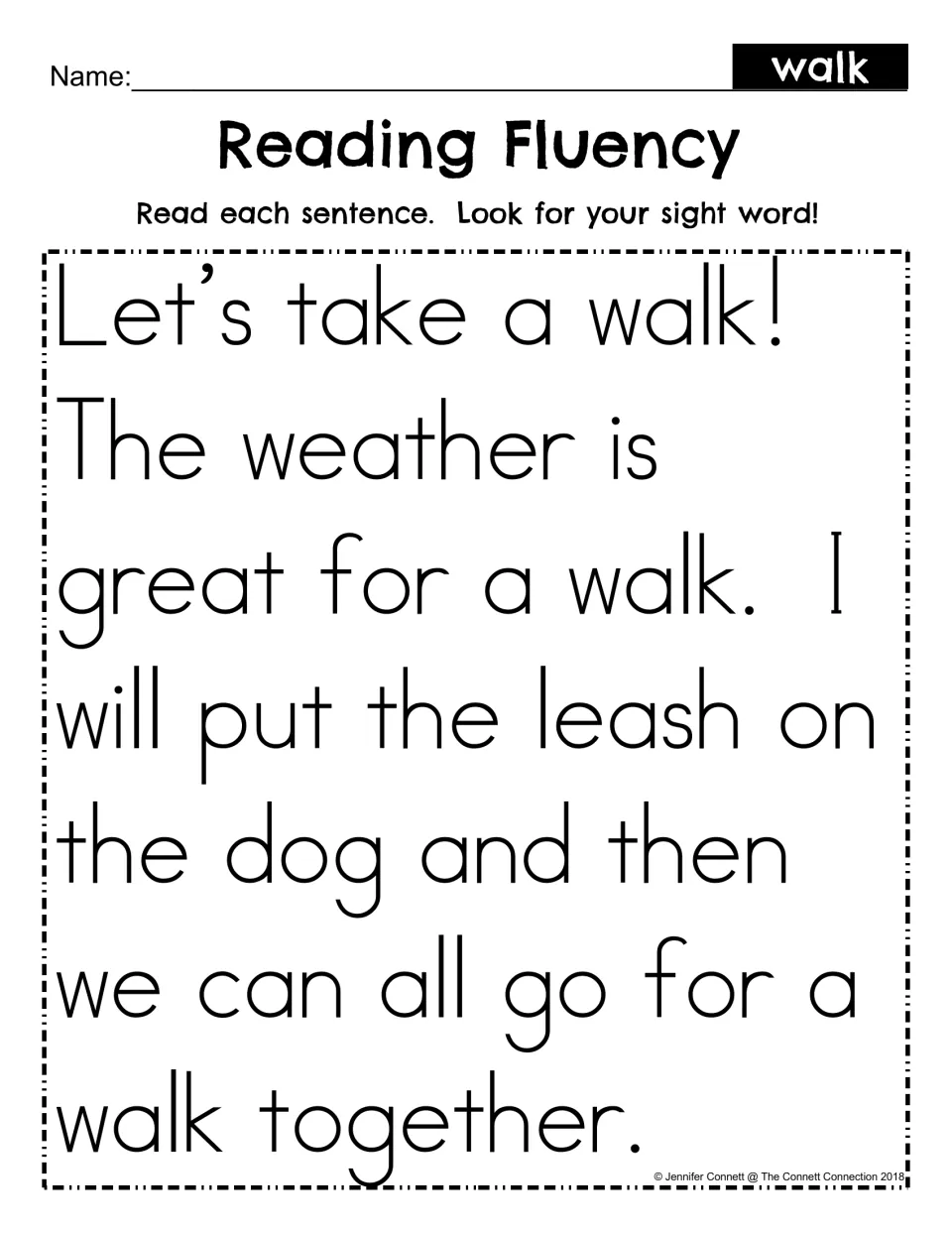 Reading Fluency for sight word walk: students read a short passage about taking the dog for a walk and find the word