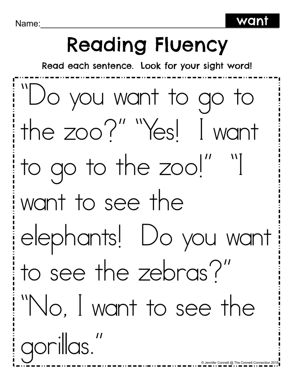 Reading Fluency for sight word want: students read a zoo dialogue about elephants, zebras and gorillas and spot the word