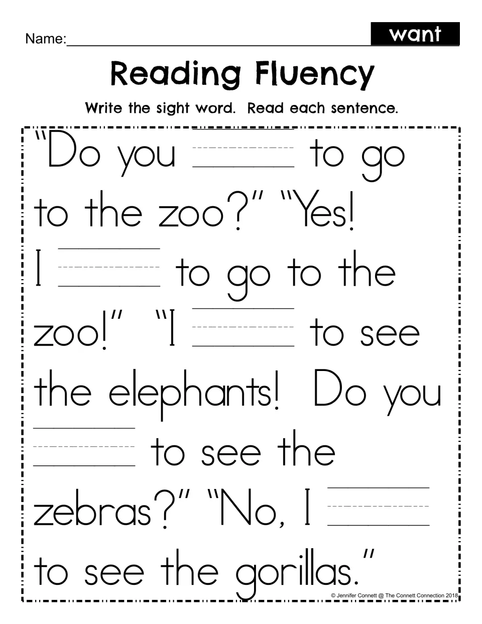 Reading Fluency fill-in: students write want in five blanks of the same zoo dialogue, then read each sentence