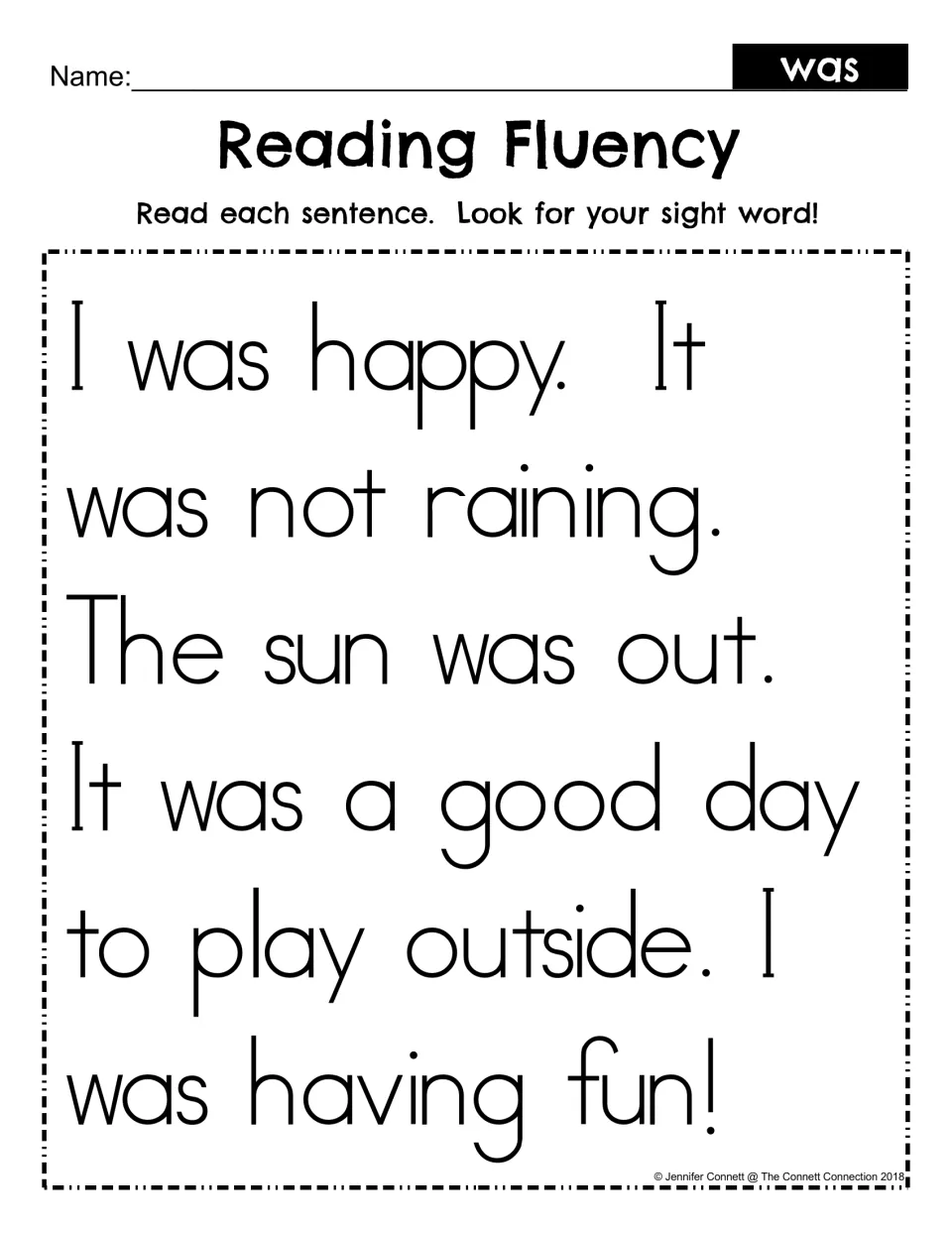 Reading fluency with the sight word was: students read a short passage about a sunny day and find was in each sentence