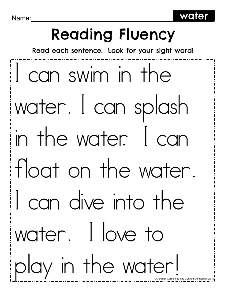 Reading Fluency for the sight word water: students read six sentences about swimming and spot the word