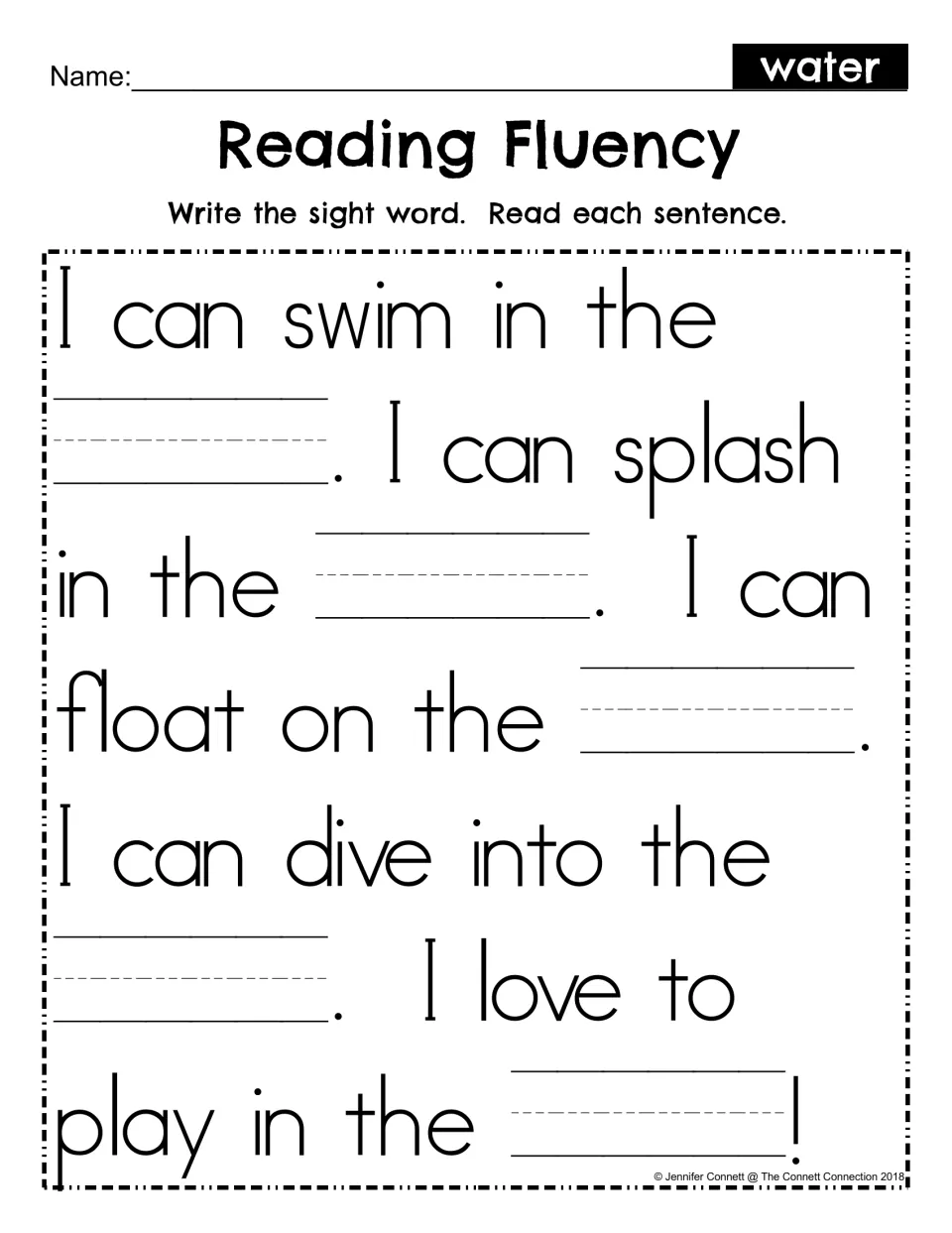 Sight word fill-in: students write water in six blanks, then read the sentences about swimming and floating