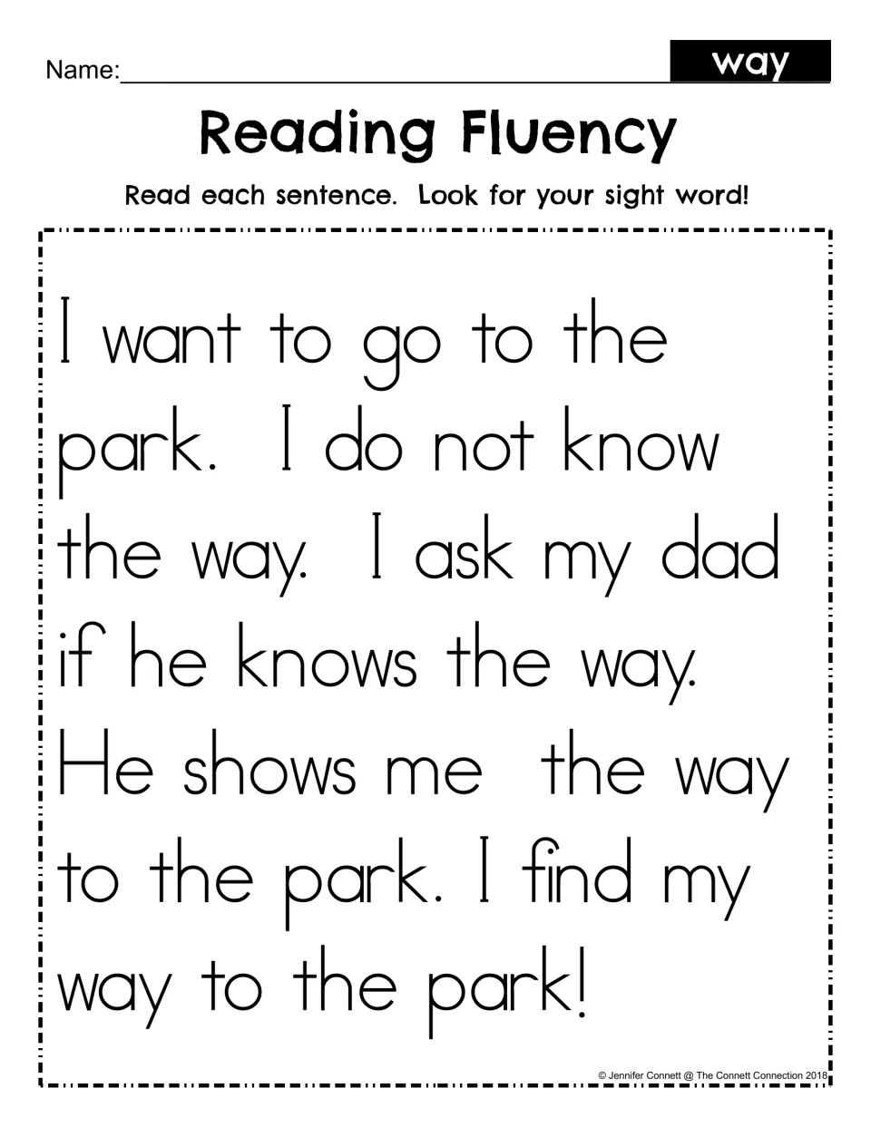 Reading fluency for sight word way: students read a short story about finding the way to the park and spot the word