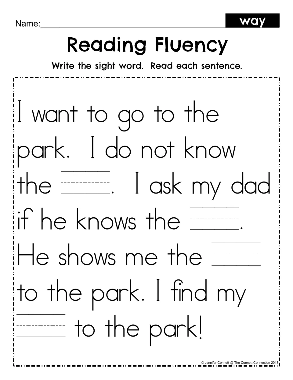 Sight word way fill-in: students write way in four blanks of the park story, then read each sentence for fluency