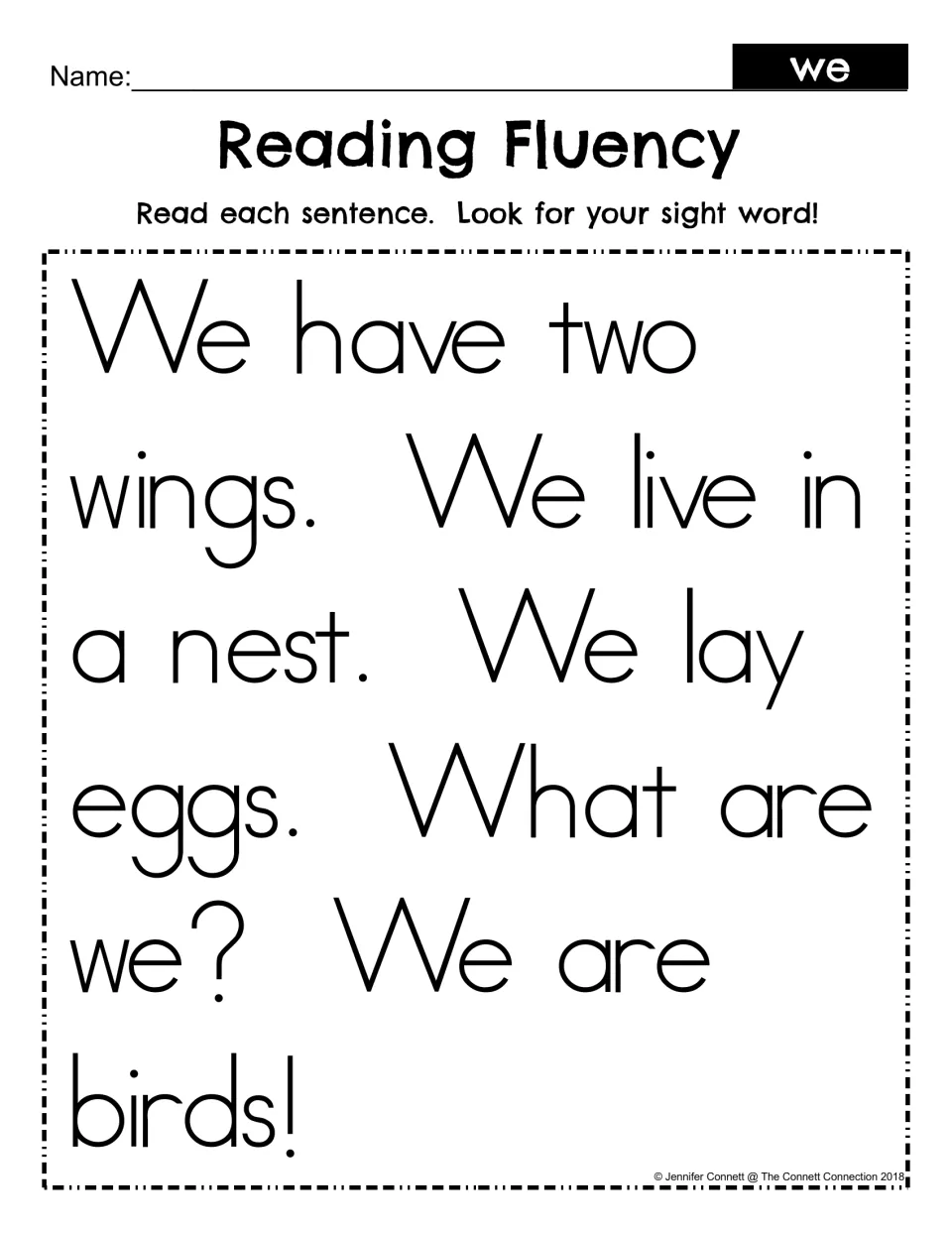 Reading fluency for sight word we: students read a short riddle passage about birds and look for each use of we