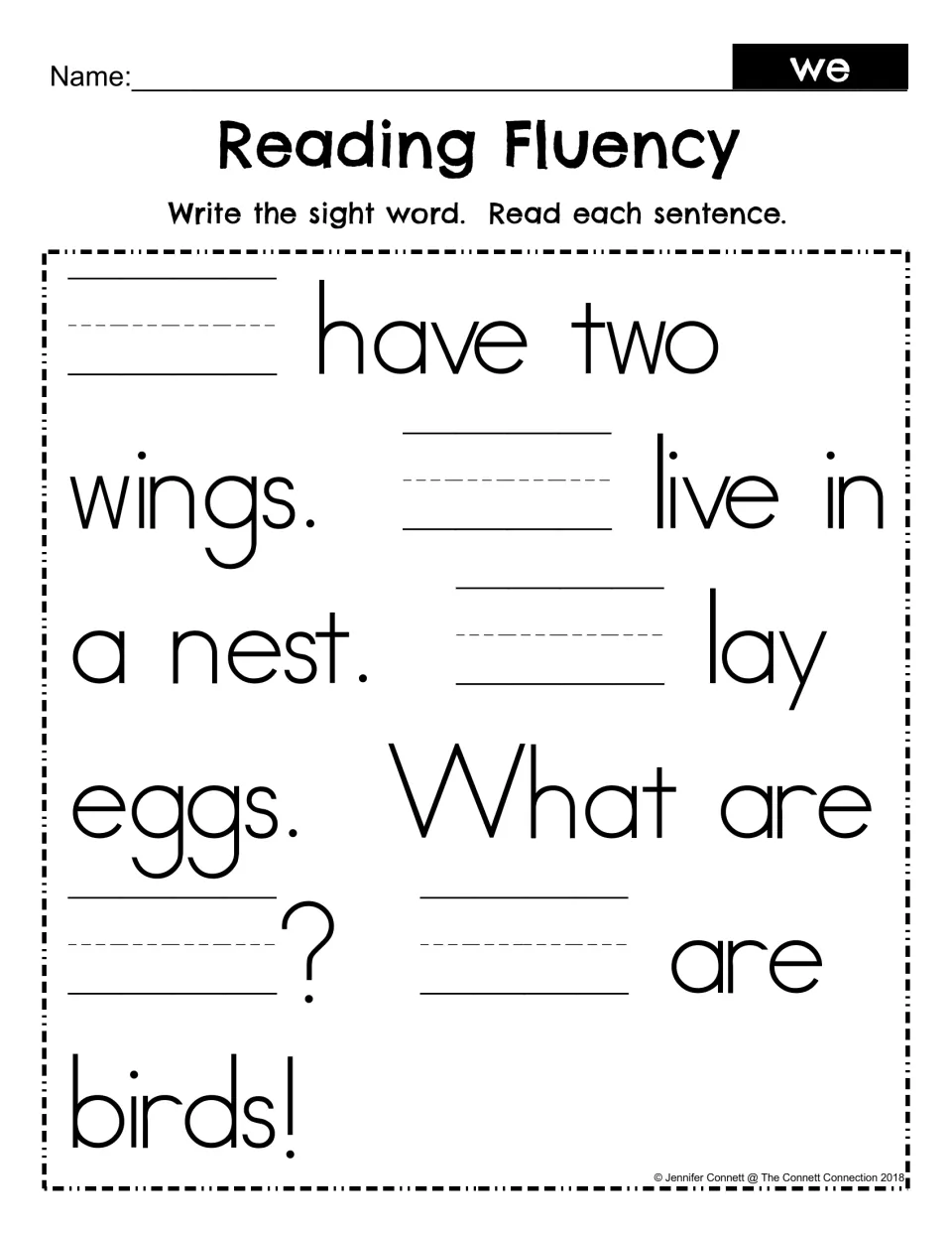 Sight word we fill-in: students write we in each blank of the bird riddle, then reread the sentences for fluency