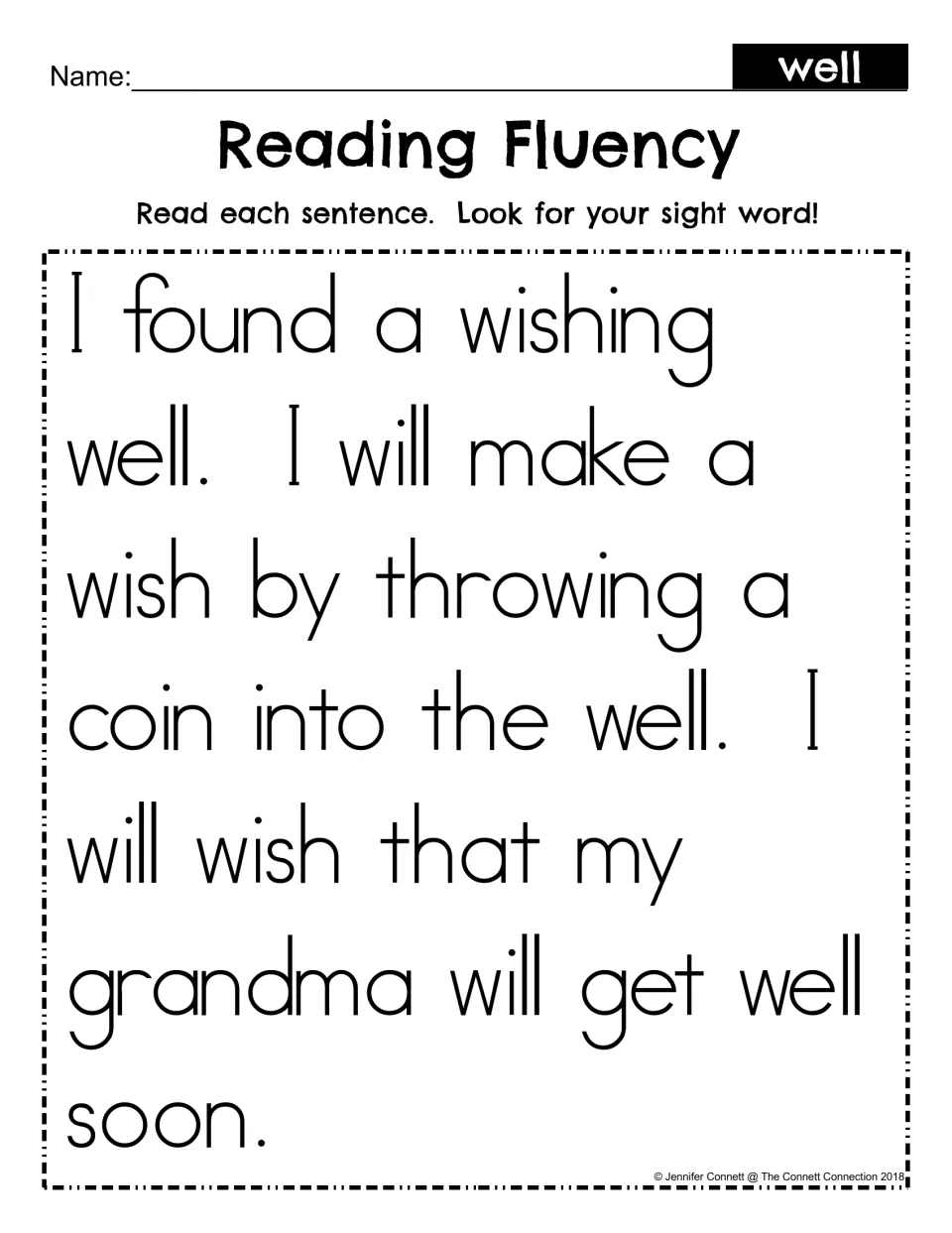 Reading Fluency, sight word well: students read a passage about a wishing well and find the sight word in each sentence