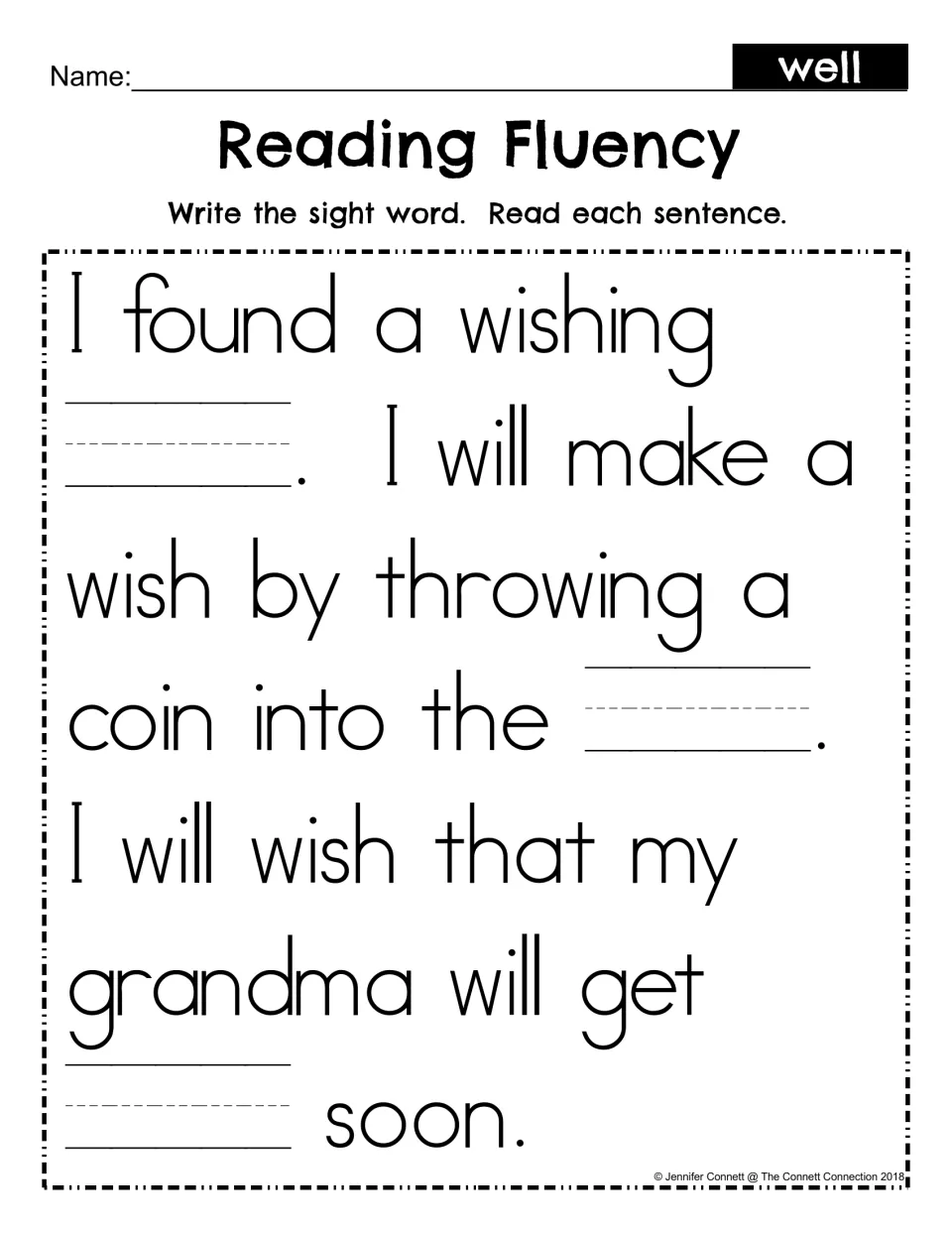 Reading Fluency, fill-in version: students write the sight word well in three blanks, then read the wishing well passage