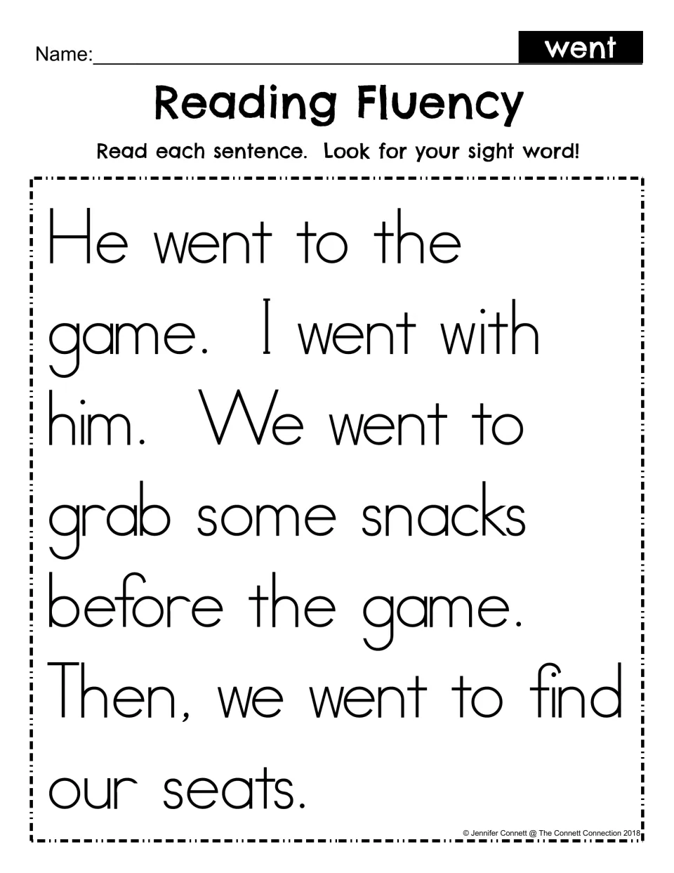 Reading fluency for the sight word went: students read a short story about going to a game and spot went 4 times