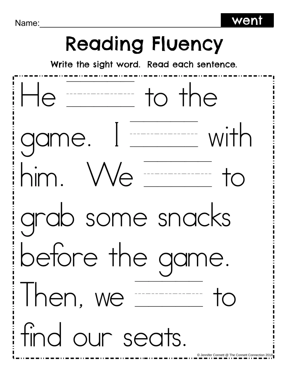 Sight word went fill-in: students write went in 4 blanks of the game story, then reread each sentence for fluency