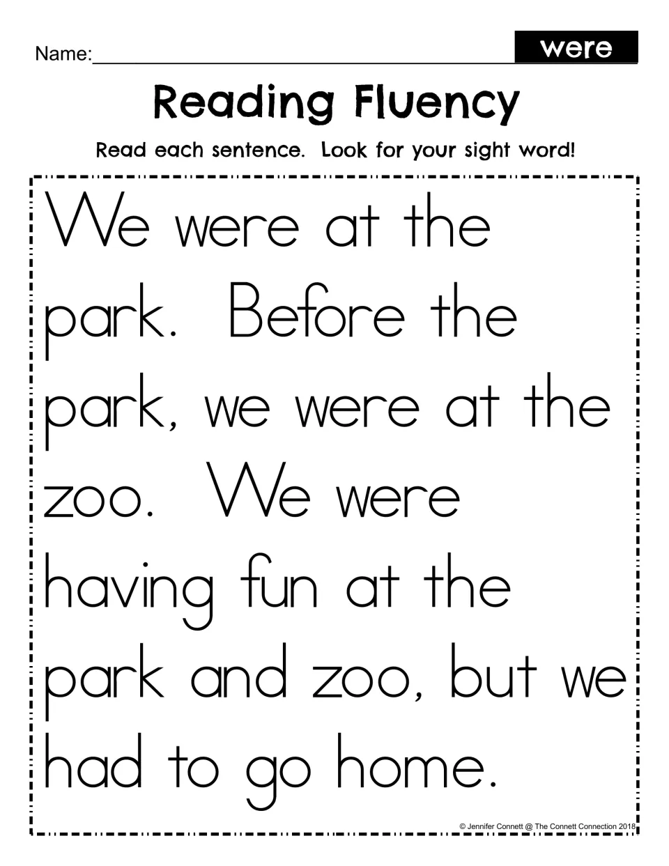 Reading fluency passage for 'were': a trip to the park and zoo, with directions to find the sight word.