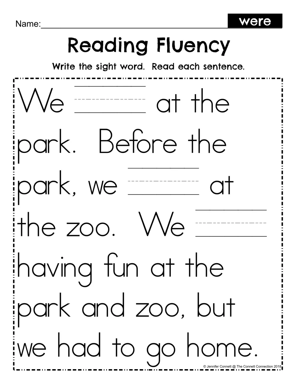 Write-and-read fluency passage about the park and zoo, with three missing instances of 'were' to fill in.