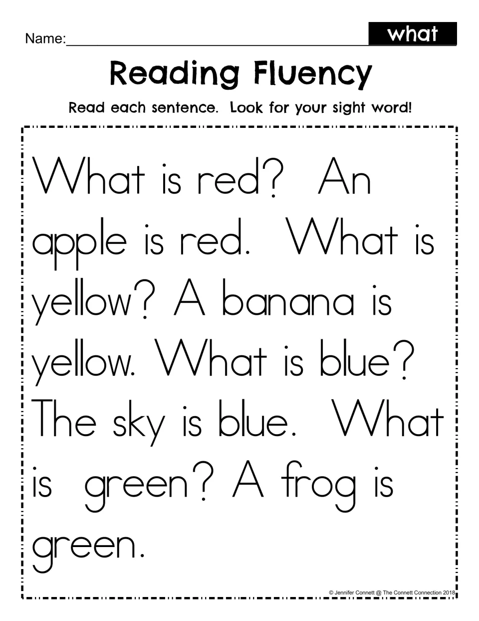 Reading fluency for sight word what: students read color questions and answers about an apple, banana, sky and frog
