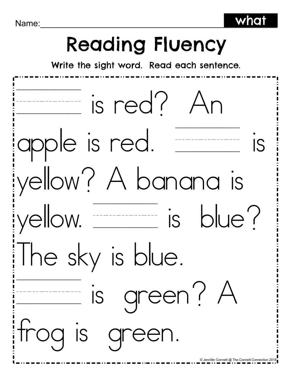 Sight word what fill-in: students write what in four blanks, then read the sentences about red, yellow, blue and green