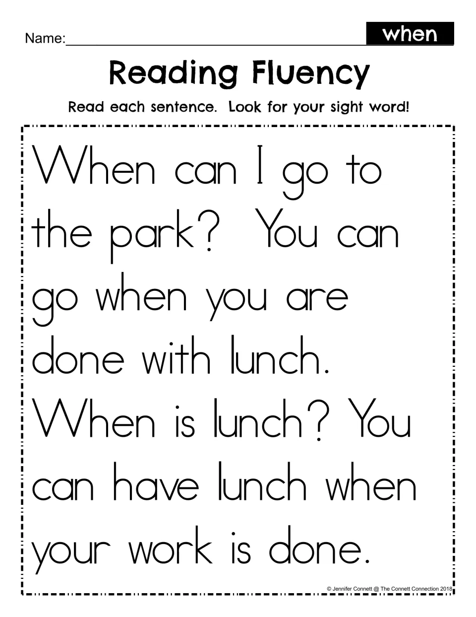 Reading Fluency for sight word when: students read a short passage about lunch and the park and find each use of when