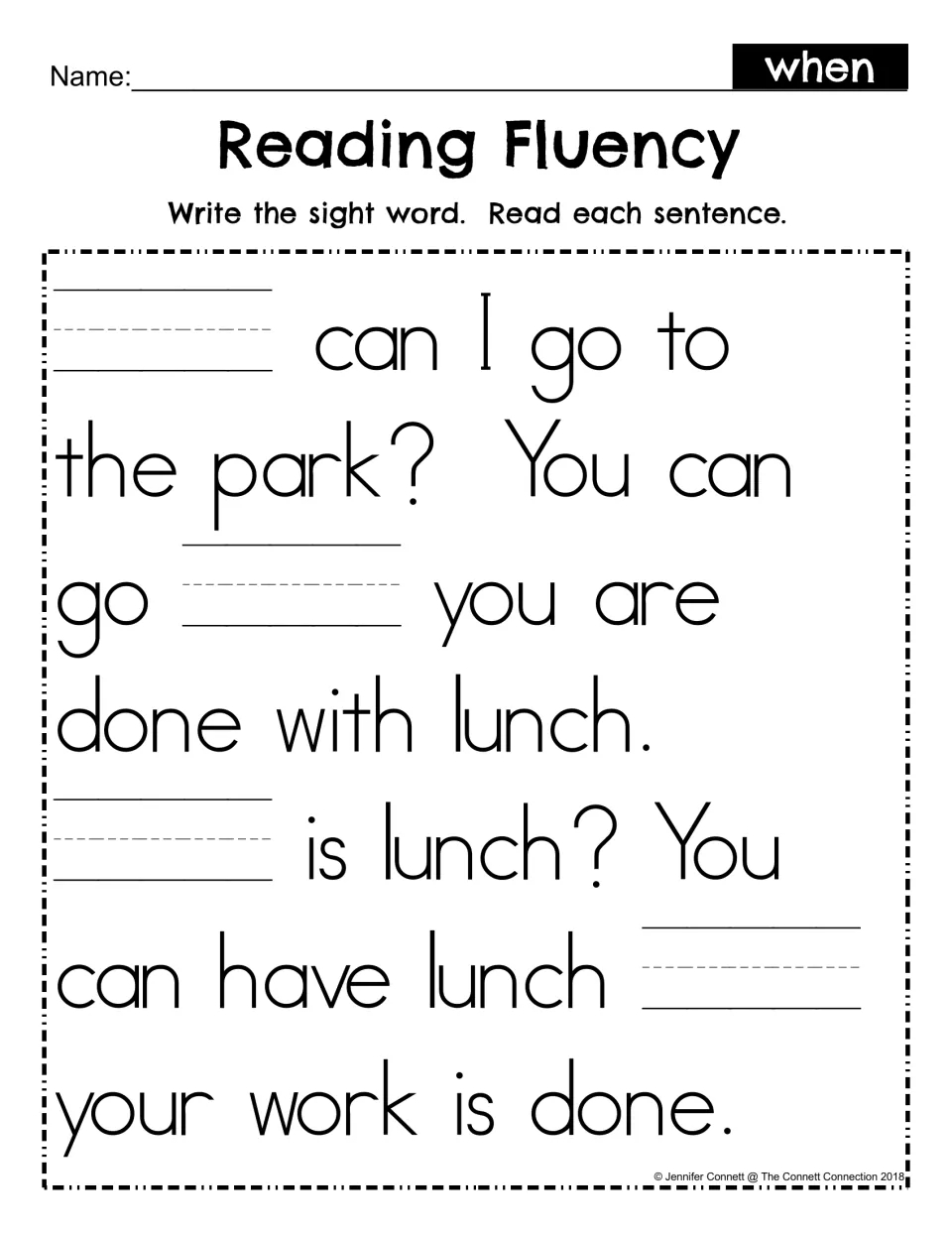 Reading Fluency fill-in: students write the sight word when in four blanks, then read the park and lunch passage