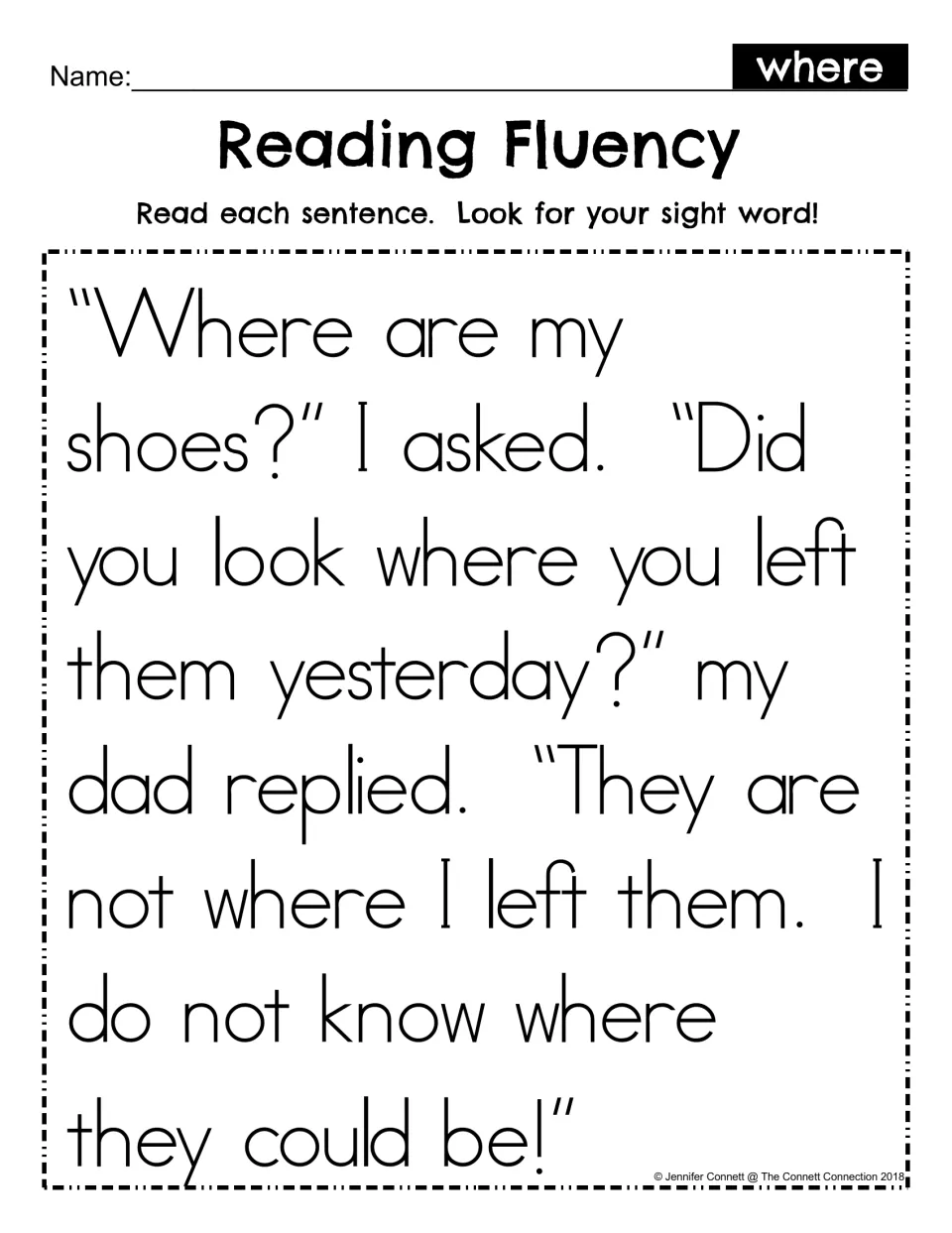 Reading fluency for sight word where: students read a short passage about lost shoes and find where each time it appears