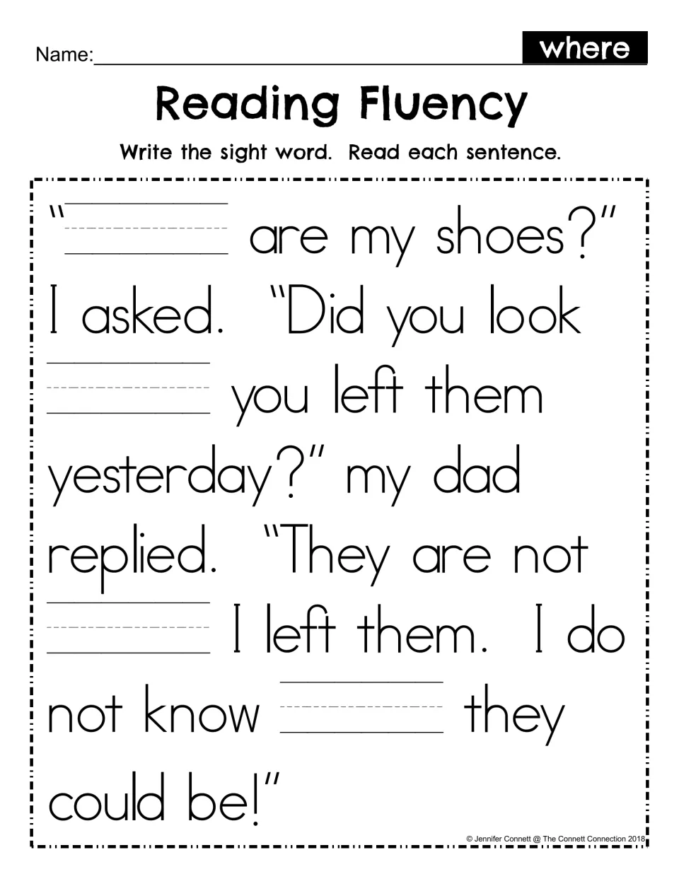 Sight word where fill-in: students write where in four blanks of the lost-shoes passage, then reread the full passage