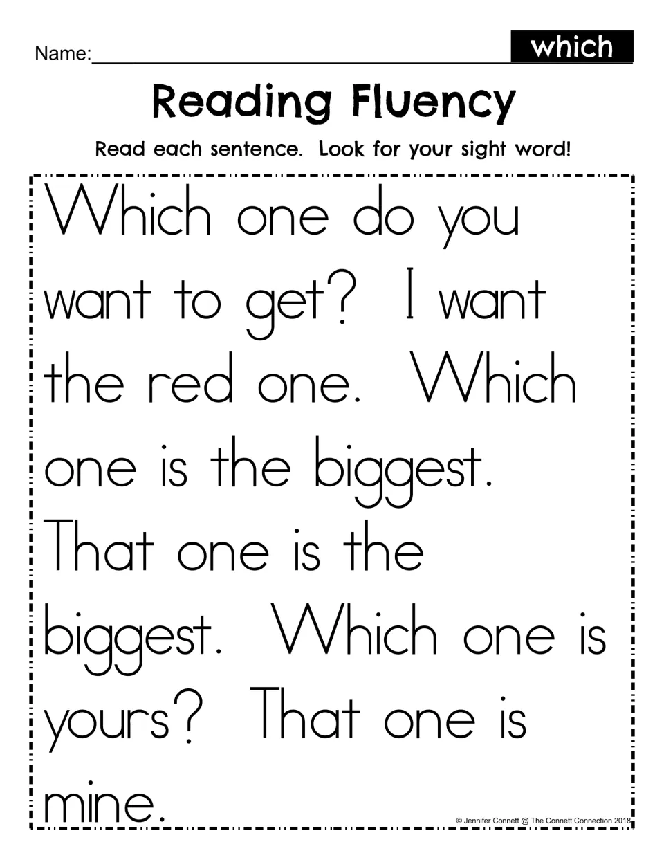 Reading Fluency for sight word which: students read a short passage, such as Which one is yours?, and find the word