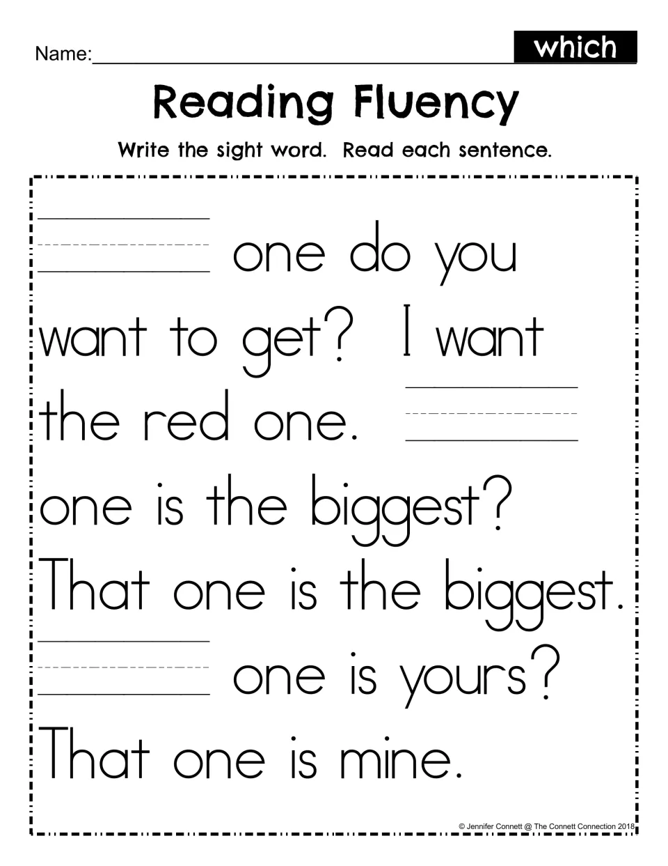 Reading Fluency fill-in: students write the missing word which in three blanks, then read the passage about the red one