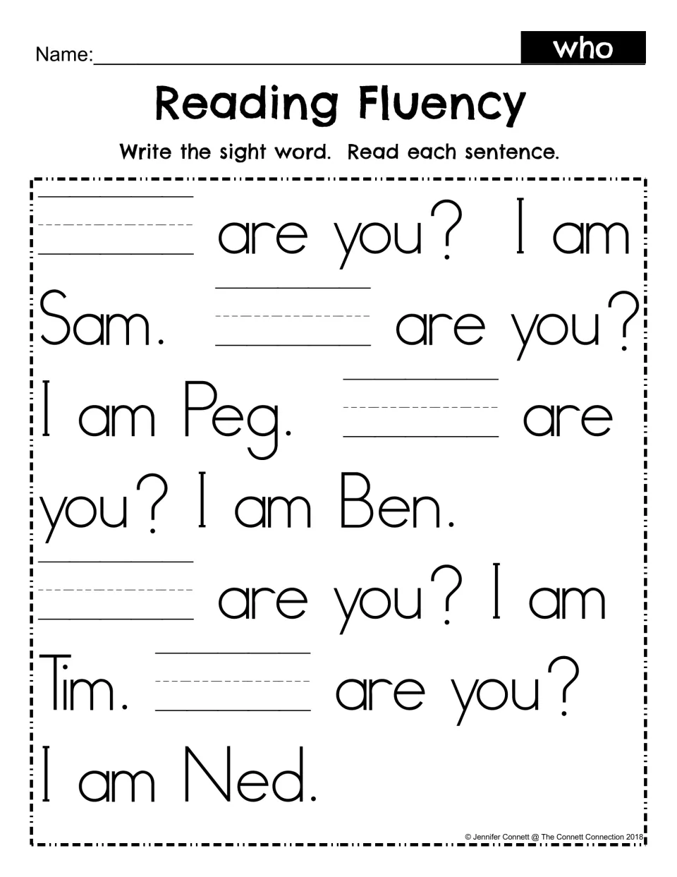 Sight word who fluency: students write who in each of six blanks, then read the Who are you? I am Sam passage