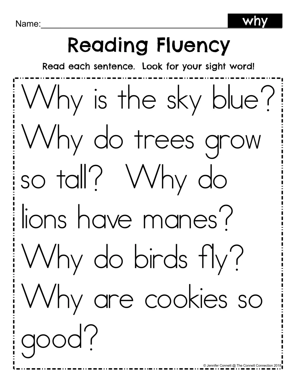 Sight word why reading fluency: students read five why questions, like Why is the sky blue?, and find the word