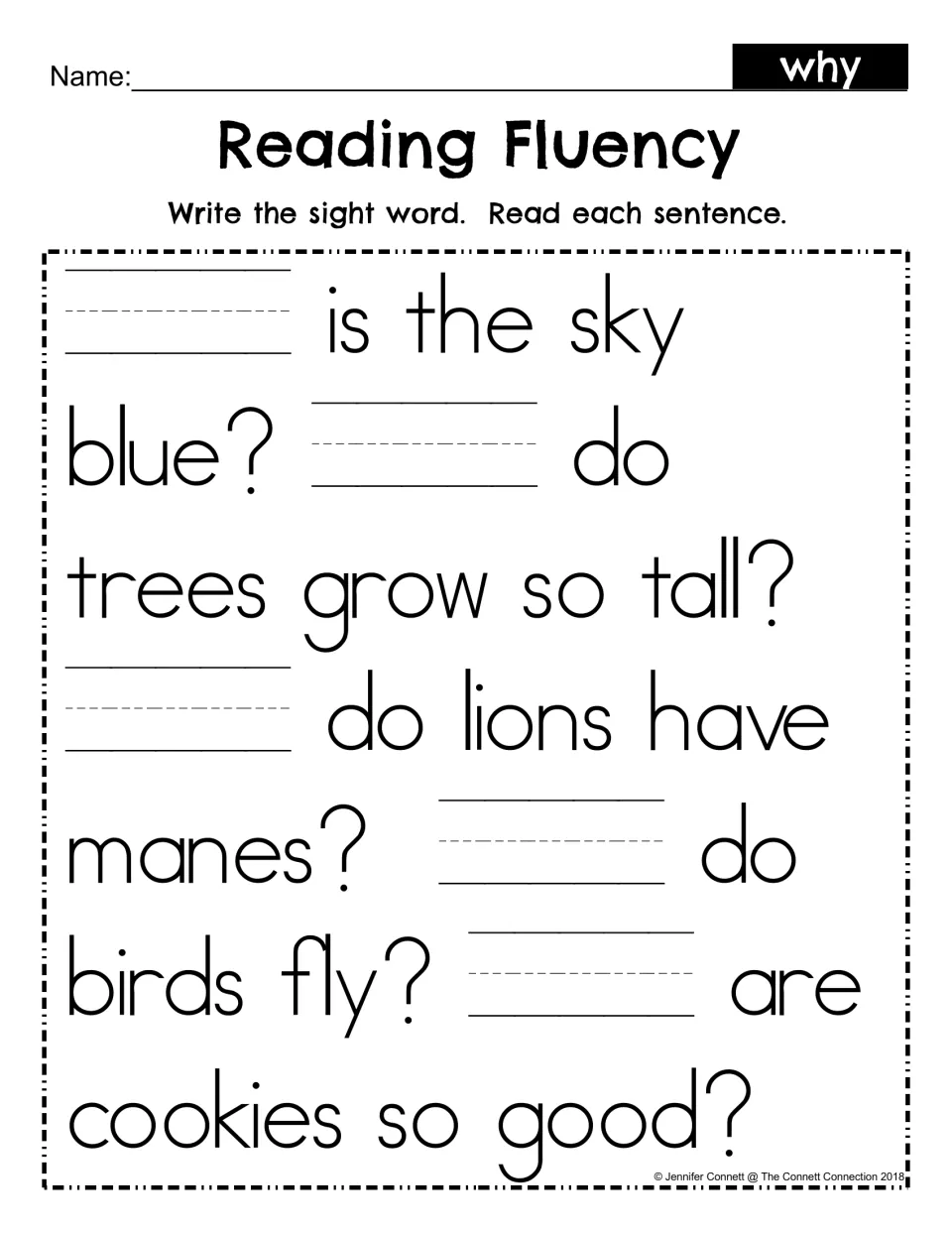 Sight word why fill-in: students write why on the blank in five questions about sky, trees, lions, birds and cookies
