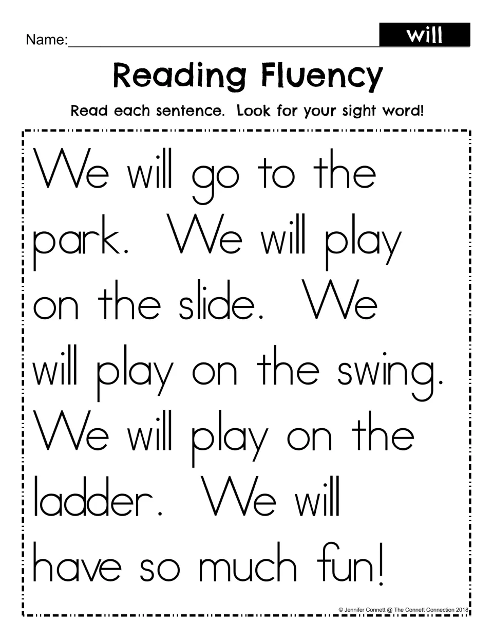 Reading Fluency for sight word will: students read a short park passage and look for will in each sentence