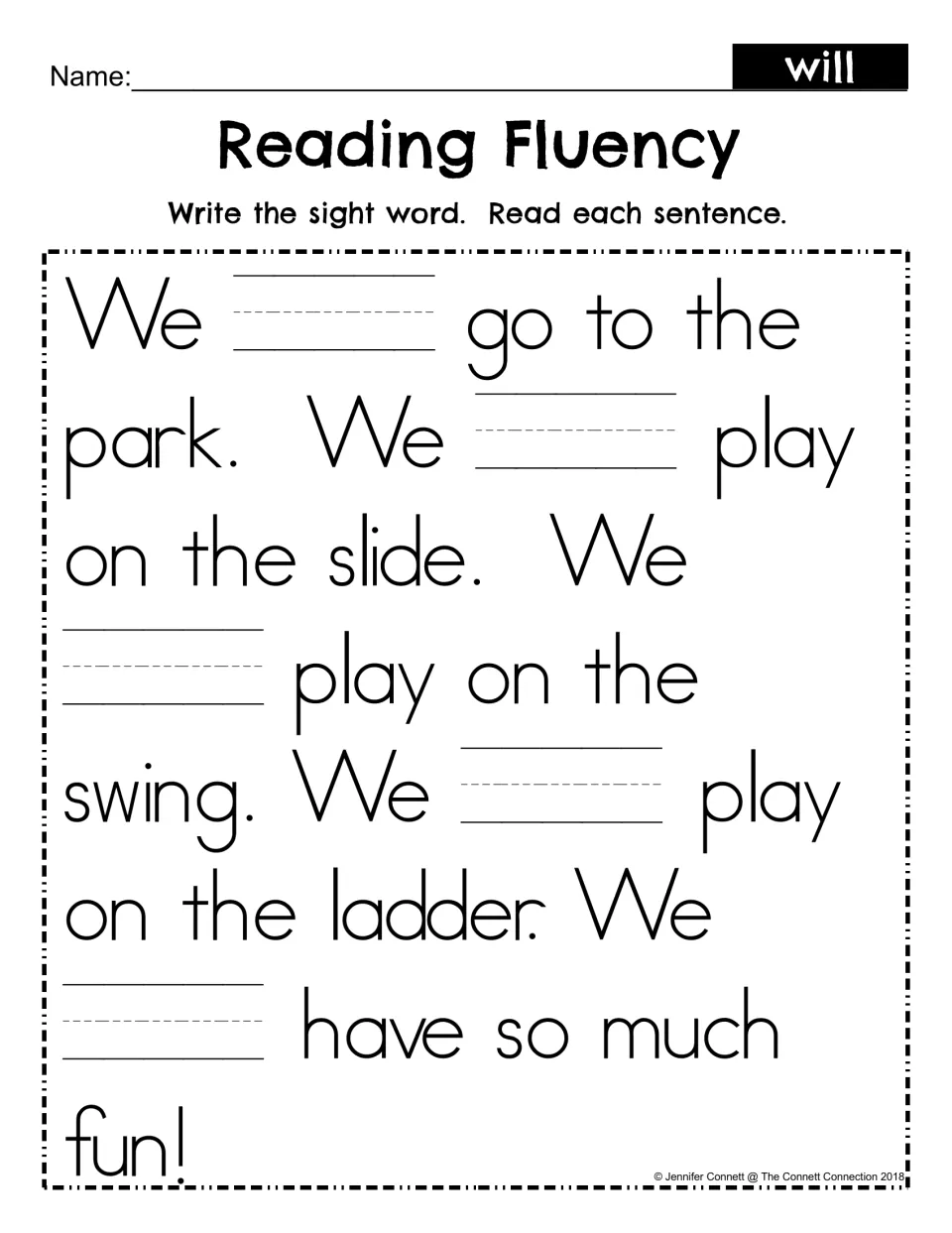 Sight word will fill-in: students write will in each blank of the park passage, then read the sentences aloud