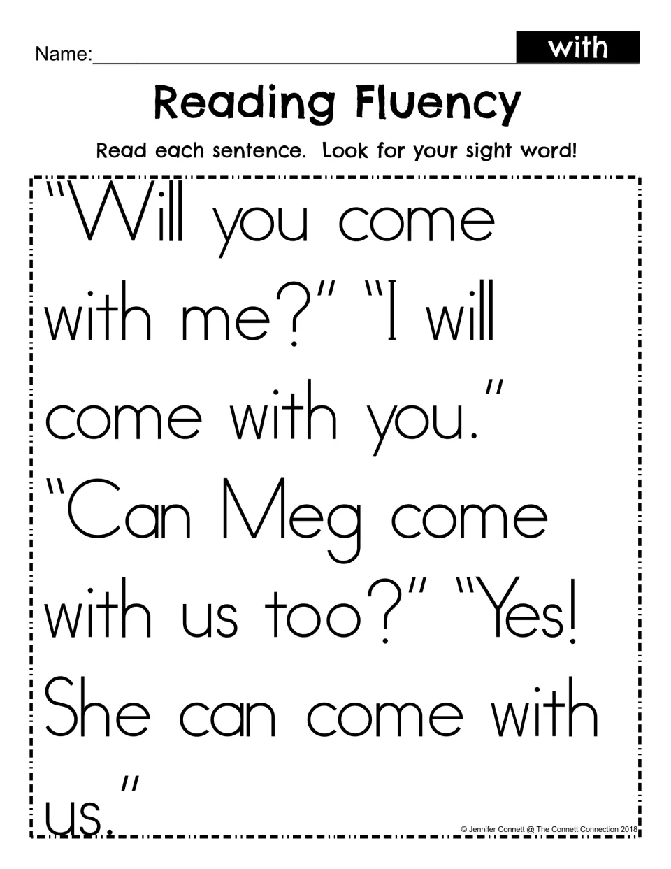 Reading fluency for sight word with: students read a short dialogue about Meg coming along and find each use of with