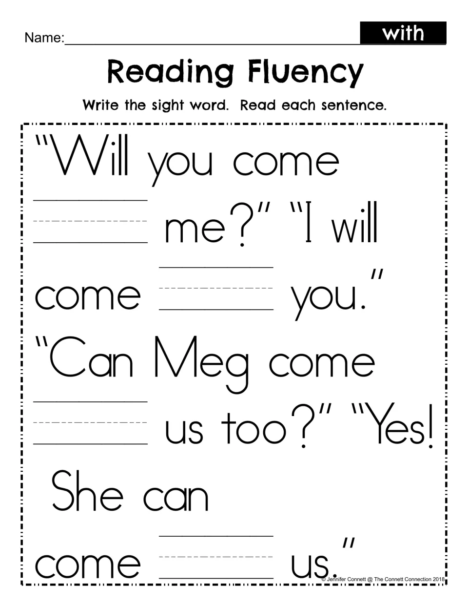 Fill-in fluency: students write the sight word with on four blanks in the Meg dialogue, then read each sentence aloud