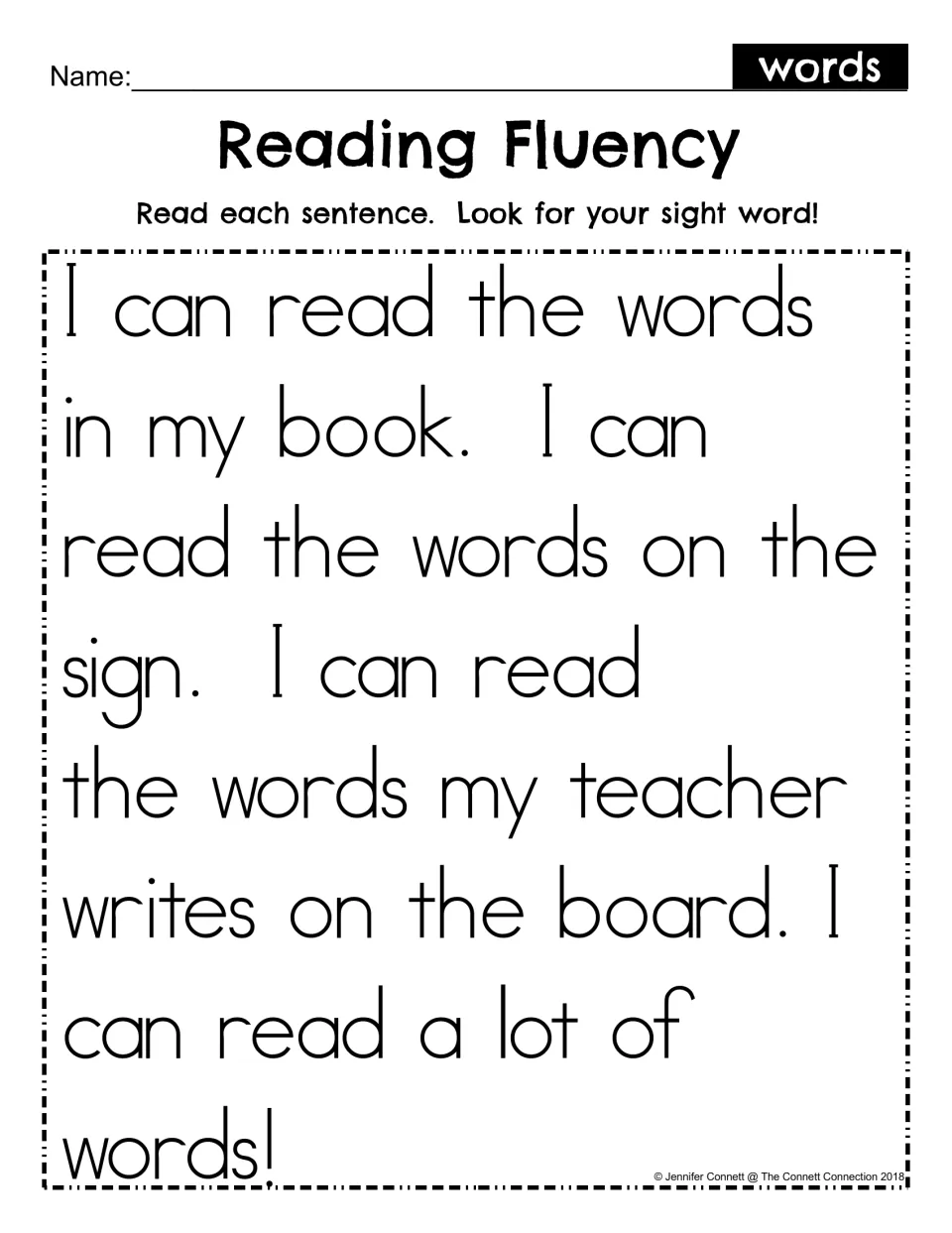 Reading Fluency passage for the sight word words: students read four I can read sentences and find it in each