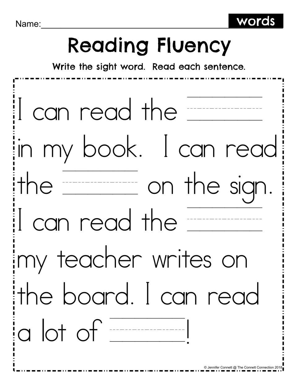 Sight word fill-in: students write words in four blanks in the I can read passage, then reread each sentence for fluency