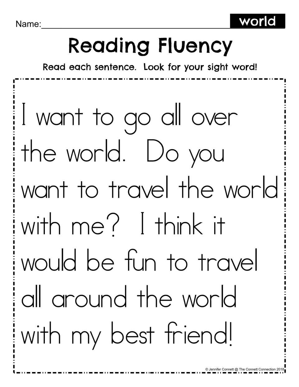 Reading fluency for sight word world: students read a short passage about traveling the world and spot the word