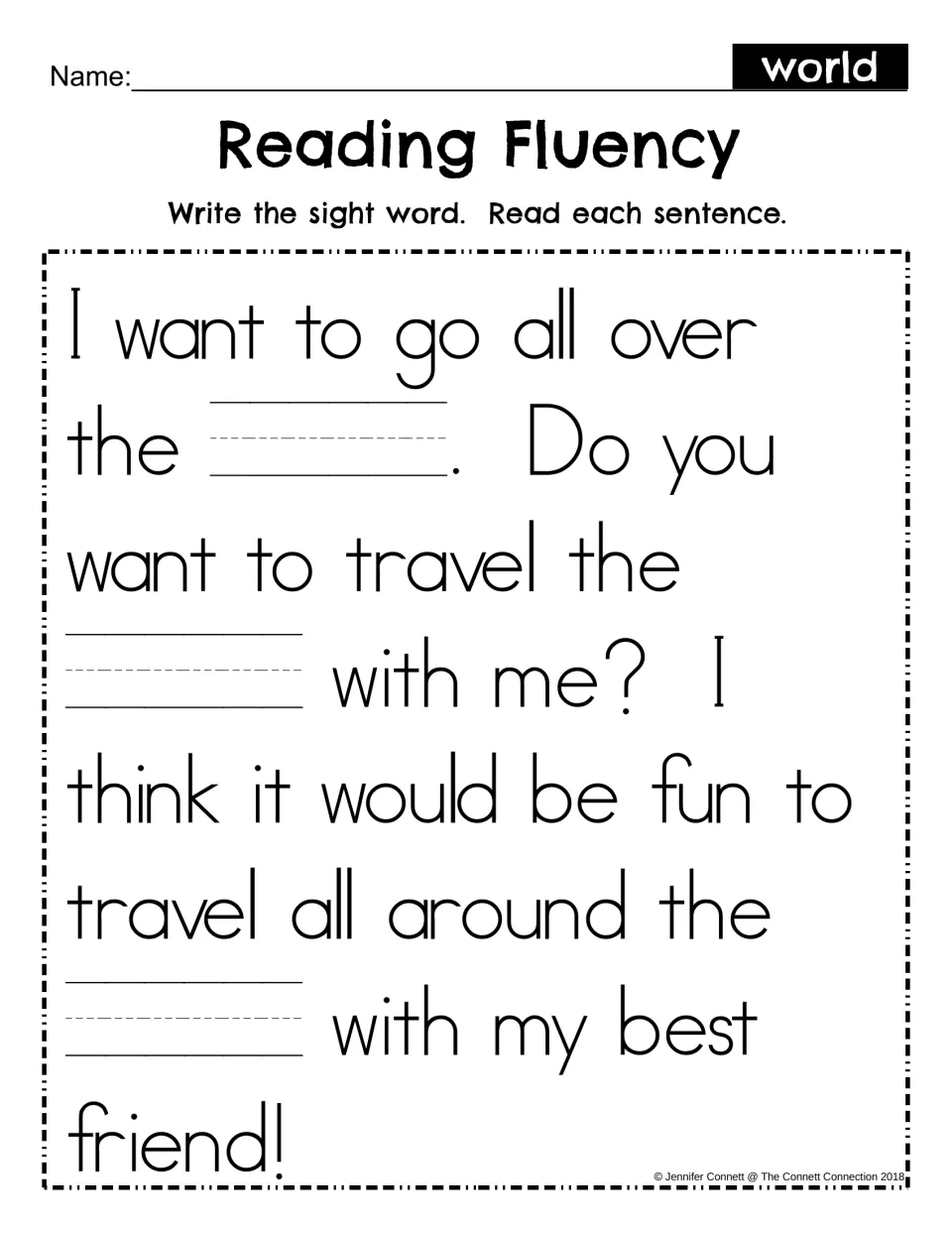 Sight word world fill-in: students write world in three blanks of the travel passage, then reread each sentence