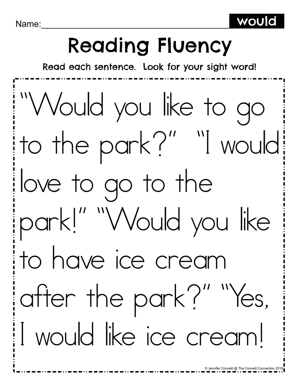 Reading fluency for sight word would: students read a park and ice cream dialogue and look for would in each sentence