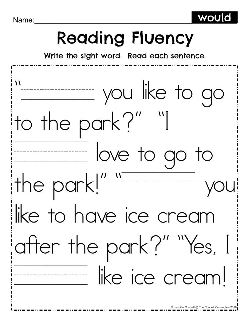 Reading fluency fill-in: students write the sight word would in four blanks, then read the park and ice cream dialogue