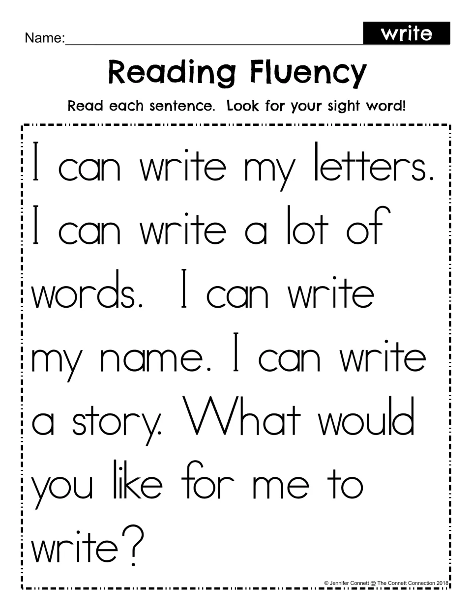 Reading fluency for the sight word write: students read a short passage of I can write sentences and spot the sight word