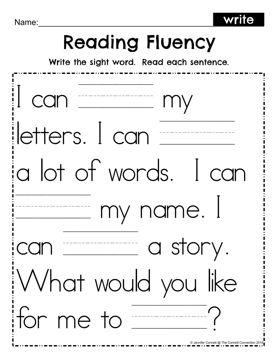 Sight word write fill-in: students write the word in five blanks of the I can passage, then read each sentence aloud