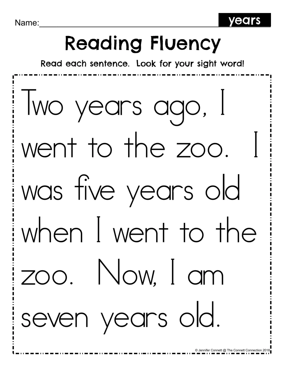 Reading Fluency for sight word years: students read a short zoo passage and find years in each sentence