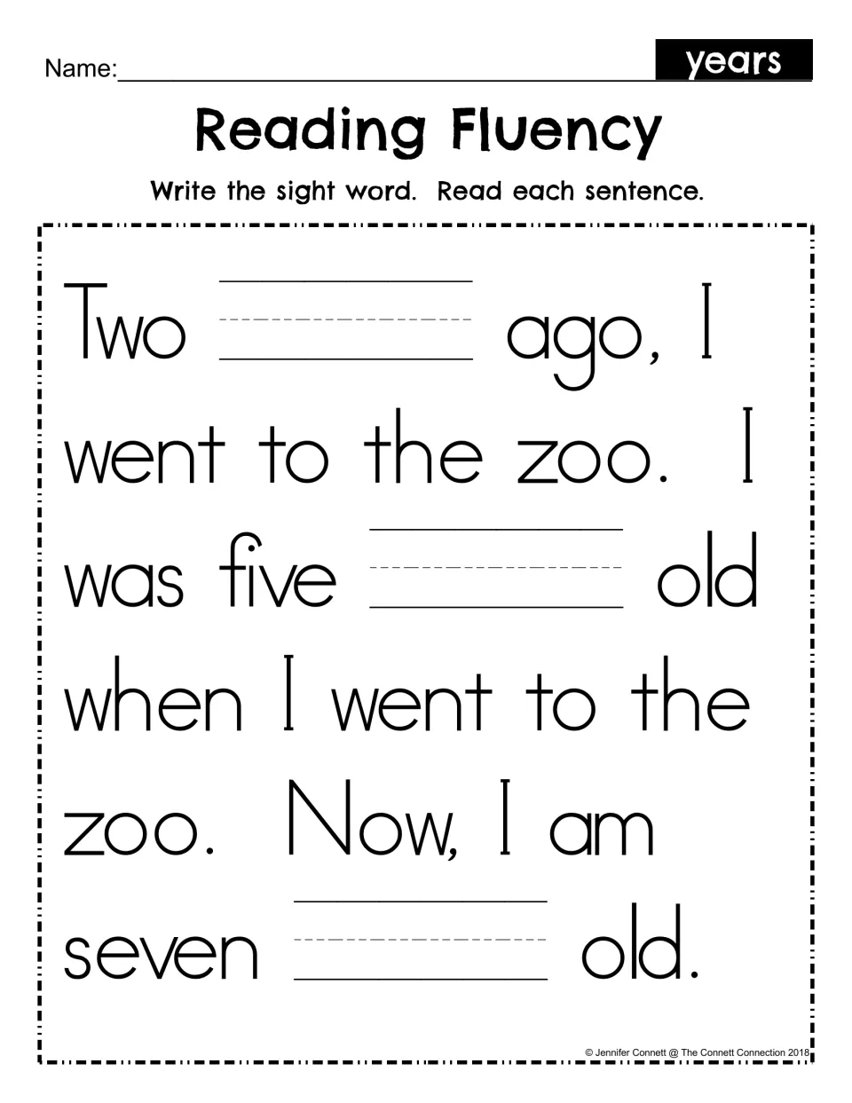 Sight word years fill-in: students write years in three blanks in the zoo passage, then read each sentence