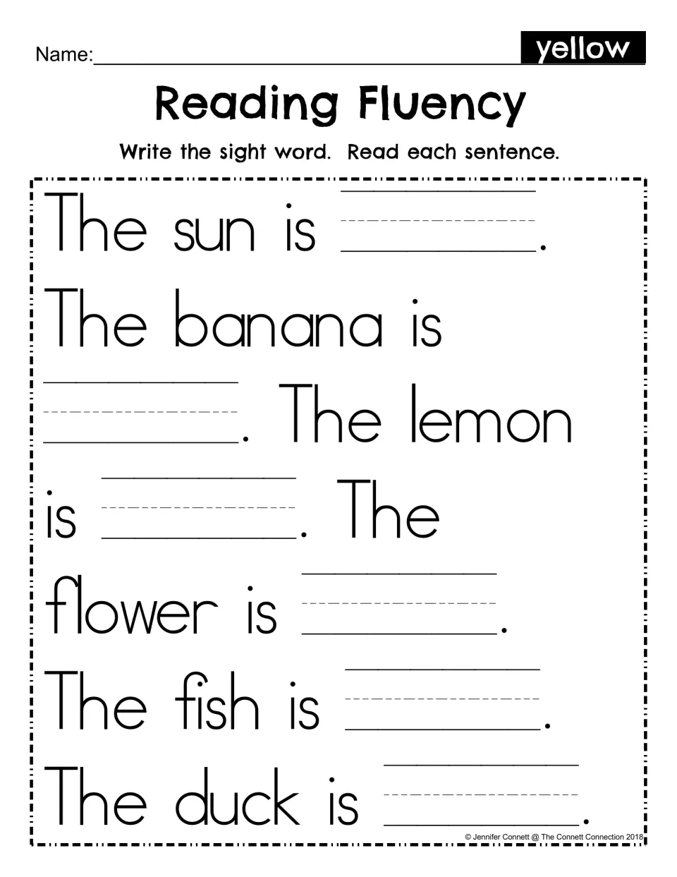 Reading Fluency fill-in: students write the sight word yellow in six blanks, then read each sentence about sun to duck