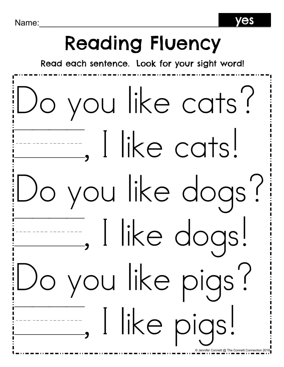 Sight word yes fill-in: students read Do you like cats, dogs and pigs? and write yes on the blank to start each answer