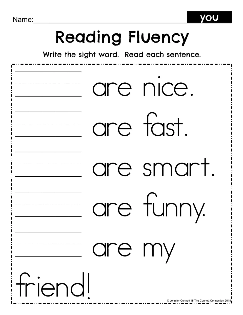 Reading Fluency fill-in: students write the sight word you on each blank to finish five sentences, then read them