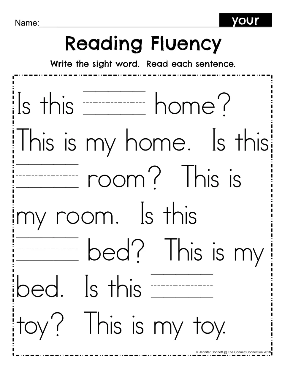 Reading Fluency fill-in for sight word your: students write your in each blank, then read the home, room, bed, toy passage
