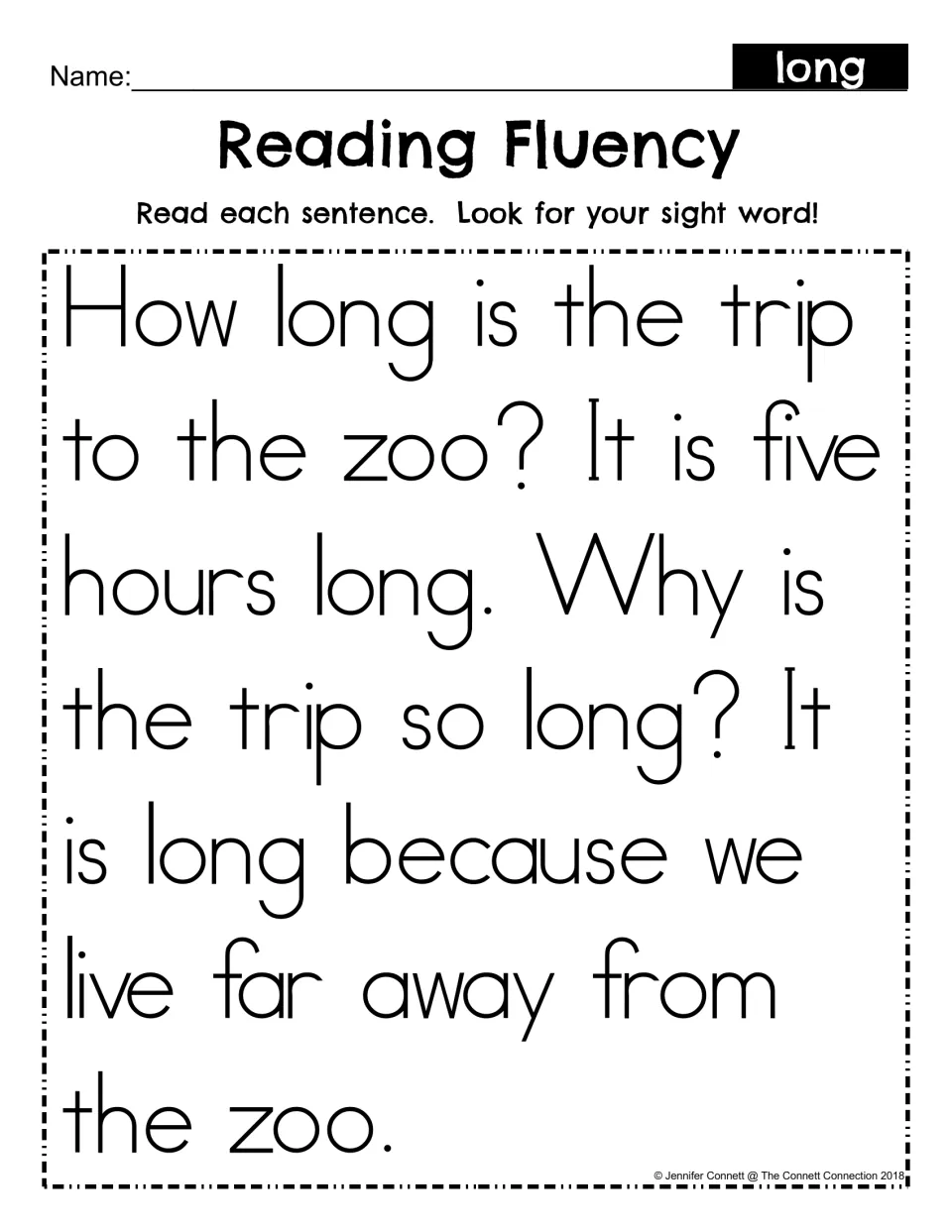 Reading Fluency for sight word long: students read a zoo trip passage and find the word long in each sentence