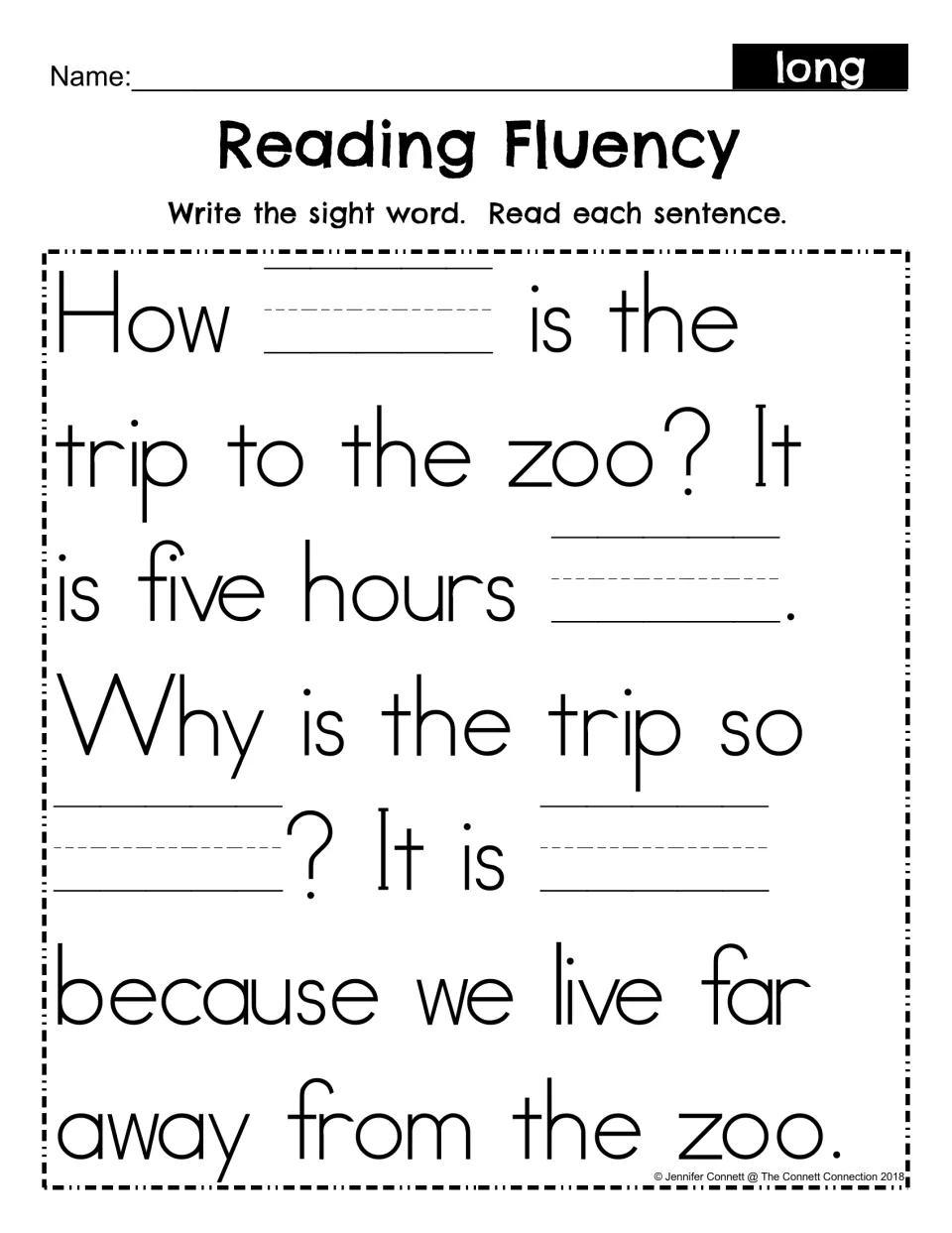 Reading Fluency fill-in: students write the sight word long in four blanks of the zoo trip passage, then read it