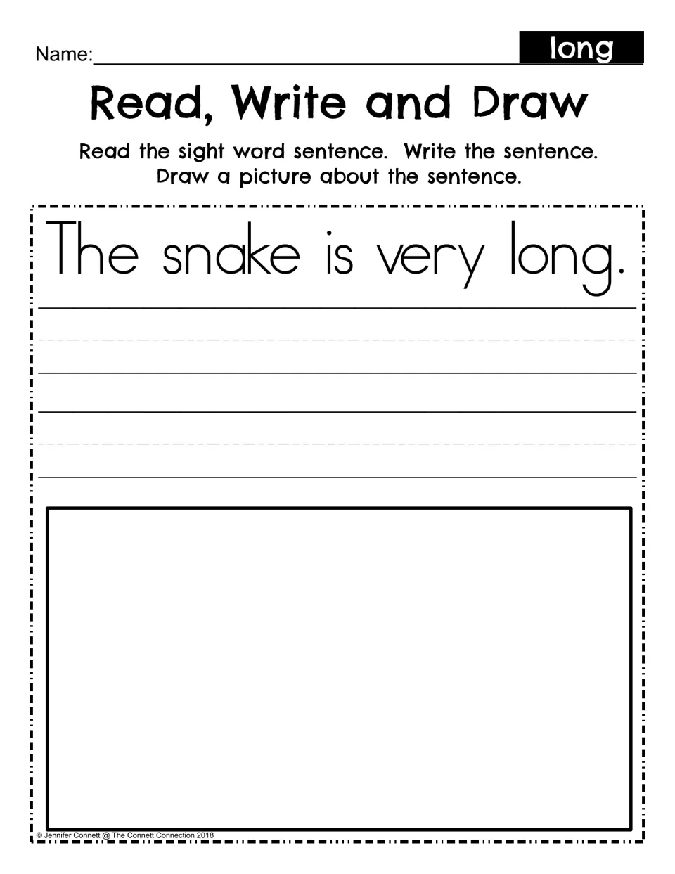 Read, Write and Draw: students read 'The snake is very long.', copy the sentence and draw a picture to match it